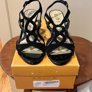 Unisa Black Patent Leather/Suede Strappy Wedges